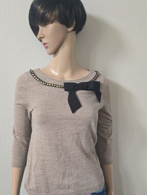 LOFT Taupe Long Sleeve Sweater with Beaded Trim & Black Bow
